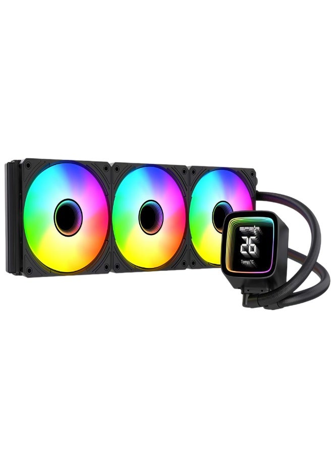 Spear Pc EVEREST360T 360mm AIO Liquid CPU Cooler Black with Infinity Temperature Display, 3×120mm PWM Fans, AM5 & LGA1700 Compatible - Image 1